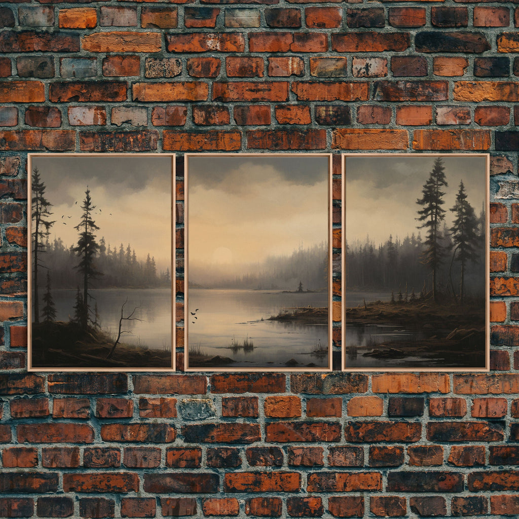 Moody 3 Piece Canvas Wall Art, Solumn PNW Lake At Sunset