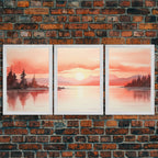 Beautiful Red Lake Sunset 3 Piece Framed Canvas Print Set