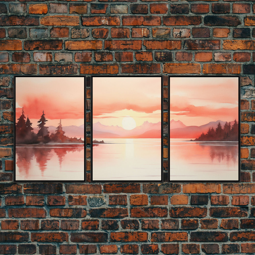 Beautiful Red Lake Sunset 3 Piece Framed Canvas Print Set