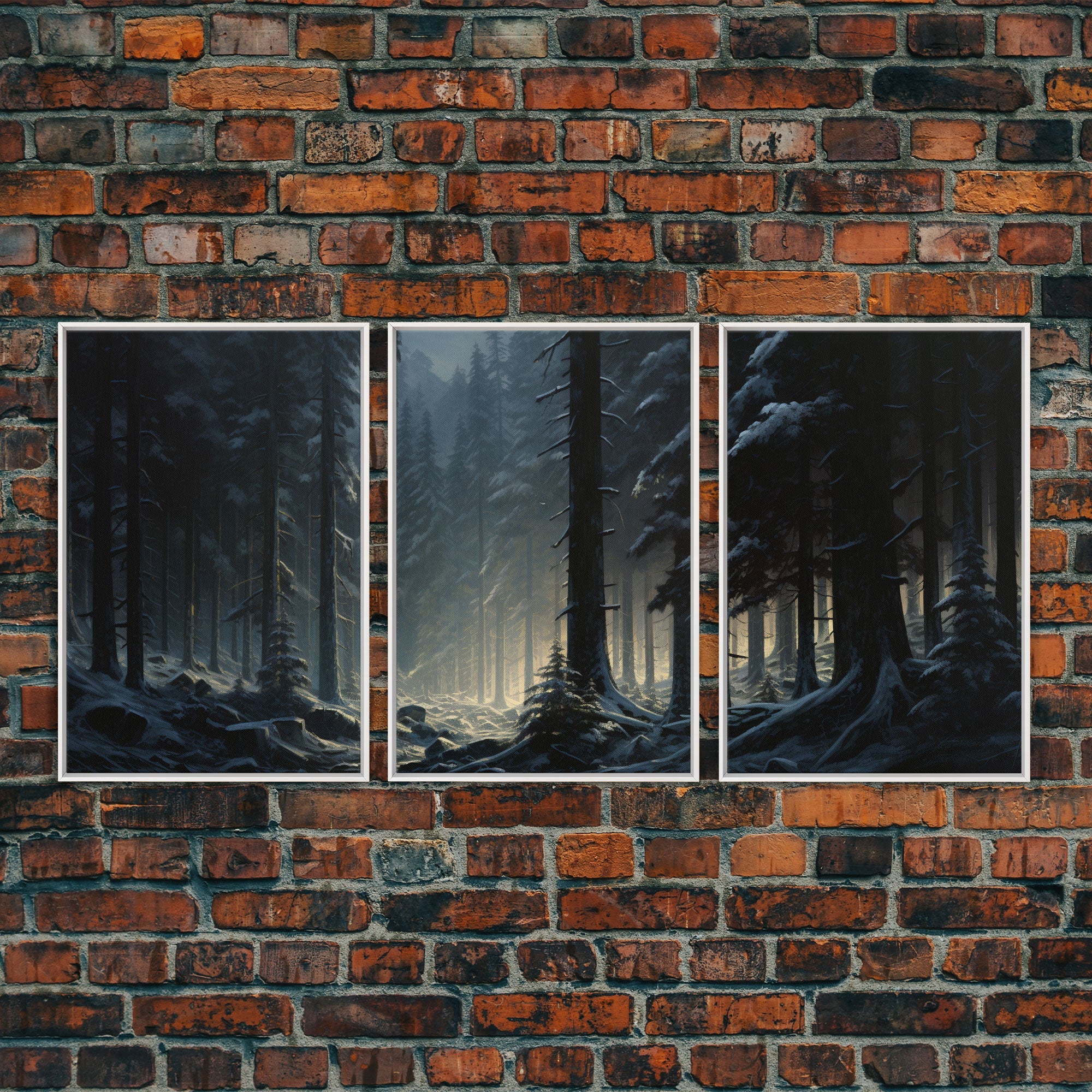 Set of 3 Emerald Green Mountain Forest Lake Landscape