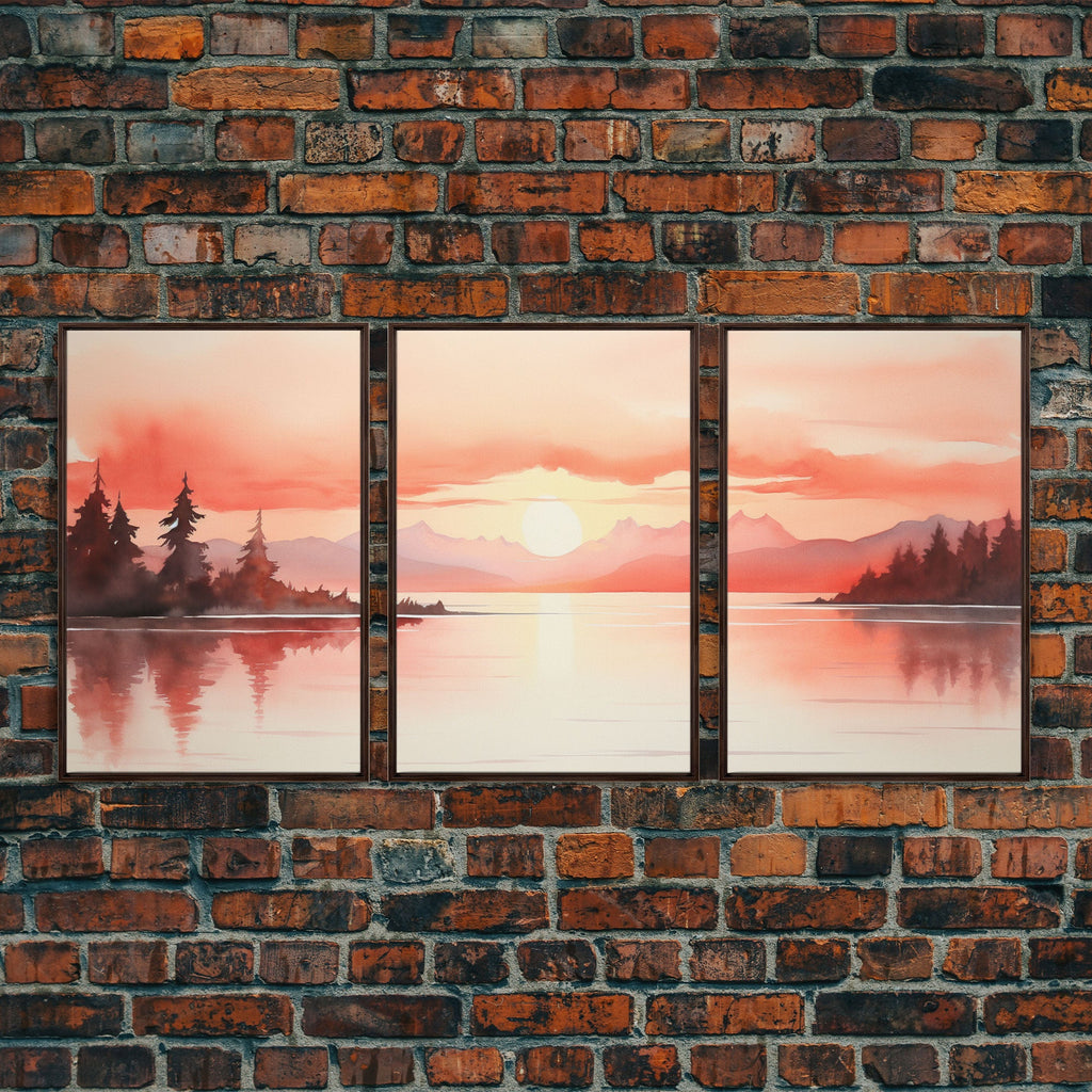 Beautiful Red Lake Sunset 3 Piece Framed Canvas Print Set