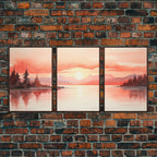 Beautiful Red Lake Sunset 3 Piece Framed Canvas Print Set