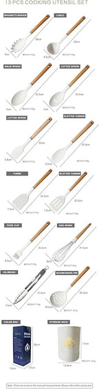 13-Piece silicone utensil set wood handle nonstick cookware safe dishwasher safe kitchen tools BPA free heat resistant (450°F/230°C) ceramic pan safe cooking gifts housewarming (Black)