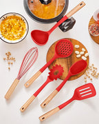 Kitchen Utensils Set, 13PCS Silicone Cooking Utensils, Heat Resistant Kitchen Utensil Spatula Set for Nonstick Cookware, Wooden Handles Kitchen Gadgets Tools Set (RED)