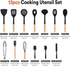 Kitchen Utensils Set, 13PCS Silicone Cooking Utensils, Heat Resistant Kitchen Utensil Spatula Set for Nonstick Cookware, Wooden Handles Kitchen Gadgets Tools Set