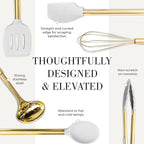 White Silicone and Gold Cooking Utensils Set with Gold Utensil Holder - 7-Piece Silicone Cooking Tools - Ideal for Nonstick Cookware and Stylish Modern Kitchens - Luxury Kitchen Accessories