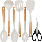 QMVESS Silicone Cooking Utensils Set, Kitchen Utensils Set 7 Pcs with Long Wooden Handle, Food Grade and Heat Resistant Large Silicone Spatula Set for Nonstick Cookware, BPA Free（White）