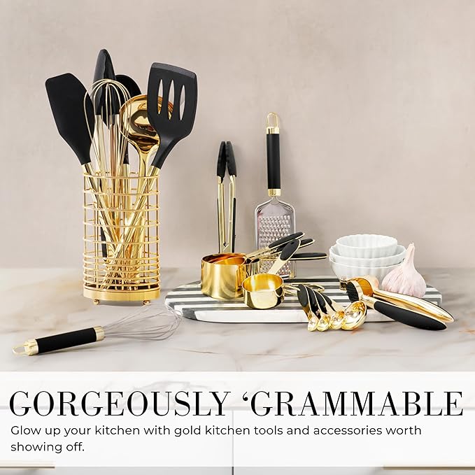 Styled Settings Black and Gold Cooking Utensils Set - 7-Piece Silicone Utensils Set Include Spatula Holder for Nonstick Cookware and Modern Kitchens - Stylish Black and Gold Kitchen Accessories