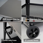 Stainless Steel Outdoor Grill Cart with Wheels, Heavy-Duty 3-Tier BBQ Prep Table for Pizza Oven, Griddle, Patio – Rustproof Commercial Kitchen Cart with Tool Hooks