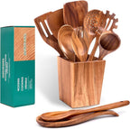 Wooden Spoons for Cooking, Acacia Wood Cooking Utensils Set – 11 Piece Wooden Kitchen Tools with Holder, Spoon Rest, Nonstick Cookware Safe by HOWHONG