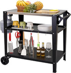 Stainless Steel Outdoor Grill Cart with Wheels, Heavy-Duty 3-Tier BBQ Prep Table for Pizza Oven, Griddle, Patio – Rustproof Commercial Kitchen Cart with Tool Hooks