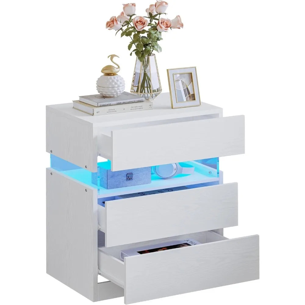 Bedside Table with 3 Drawers, Modern Night Stands with LED Light