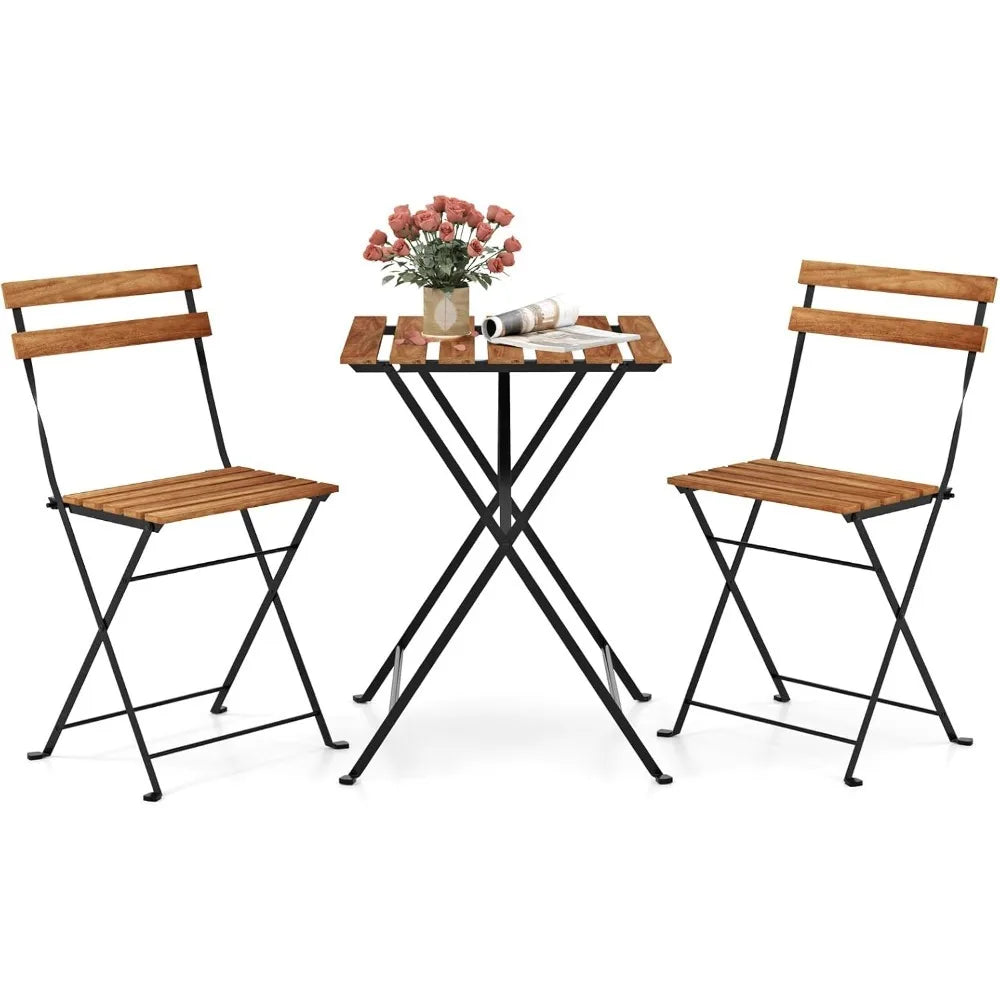 Outdoor Dining Table Set for 4, Acacia Wood Bistro Table with 4 Folding Patio Chairs, Slatted Seat & Tabletop, Metal Frame, for