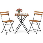 Outdoor Dining Table Set for 4, Acacia Wood Bistro Table with 4 Folding Patio Chairs, Slatted Seat & Tabletop, Metal Frame, for