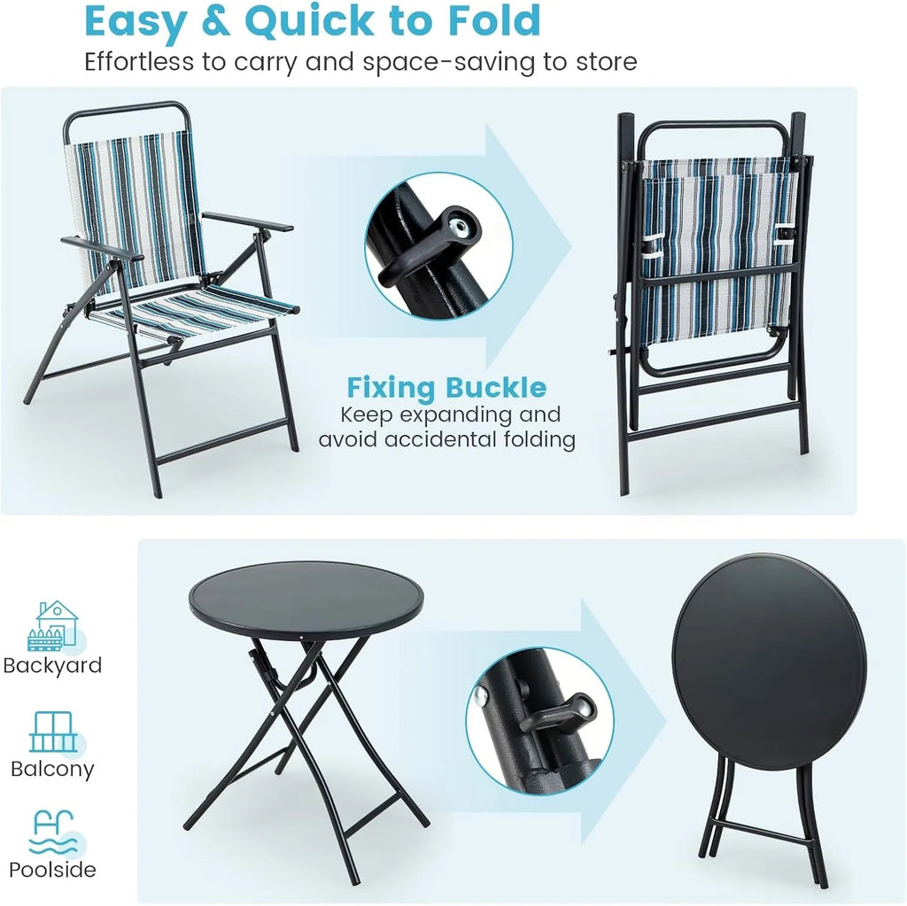 3 Piece Folding Table and Chairs for Outside, Outdoor Dining Chair Set with Heavy-Duty Metal Frame, Portable Patio Bistro Set fo