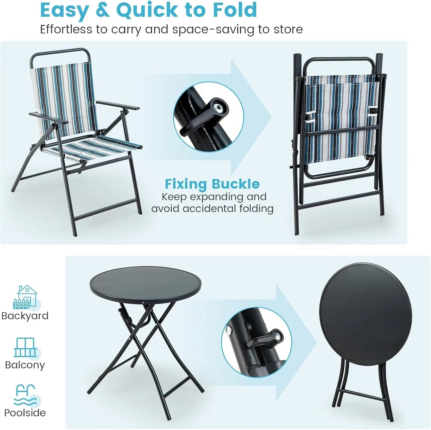 3 Piece Folding Table and Chairs for Outside, Outdoor Dining Chair Set with Heavy-Duty Metal Frame, Portable Patio Bistro Set fo