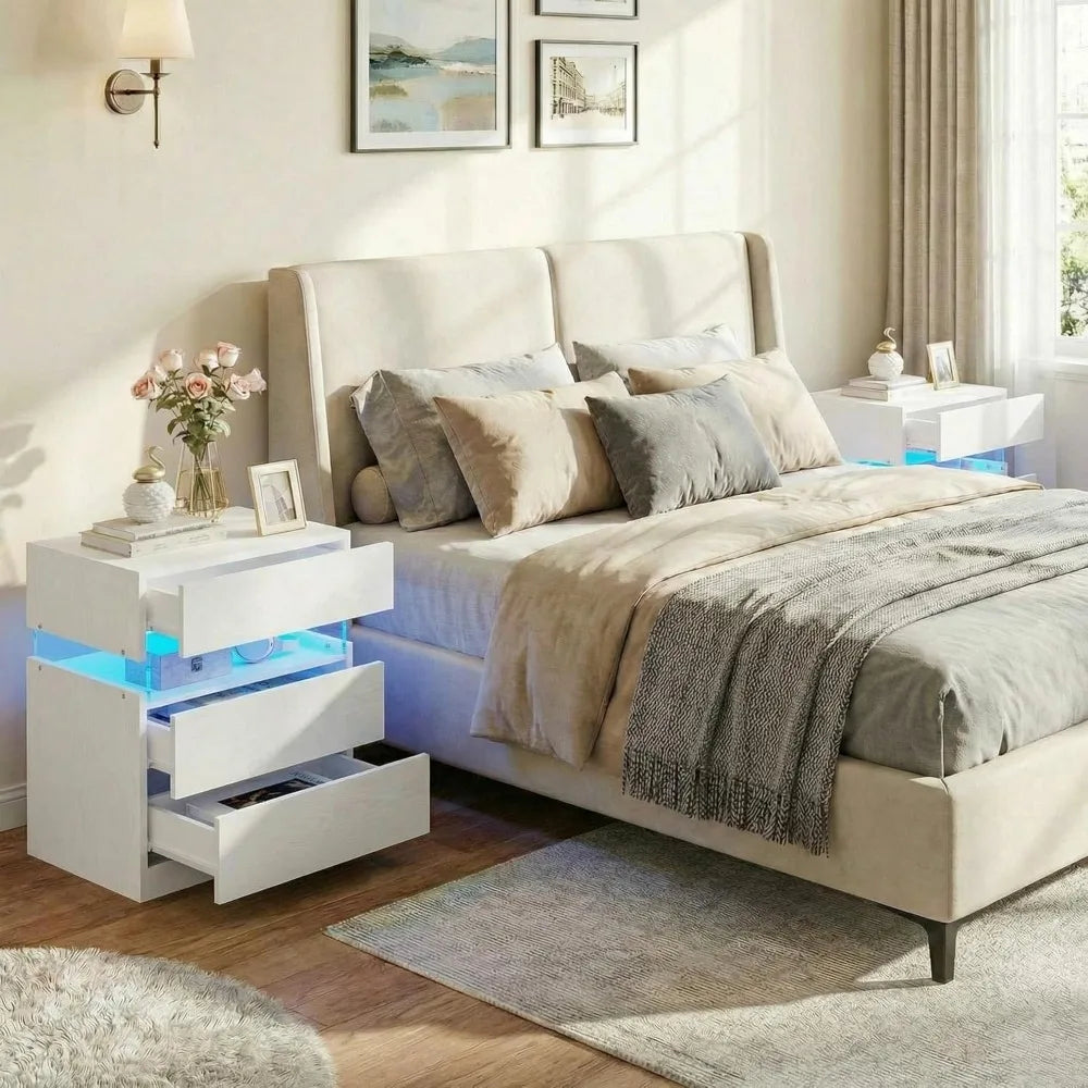 Bedside Table with 3 Drawers, Modern Night Stands with LED Light
