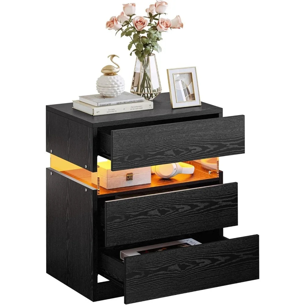 Bedside Table with 3 Drawers, Modern Night Stands with LED Light