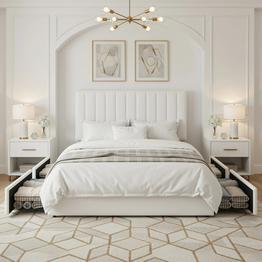 Full/Queen/King Velvet Storage Bed Frame with Adjustable Vertical Channel Headboard,4 Large Drawers, No Box Spring Needed
