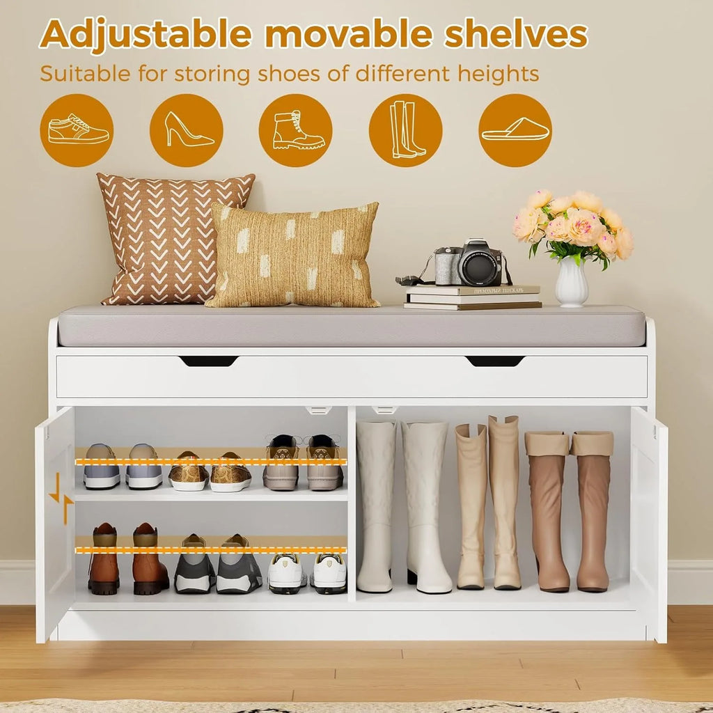 2-Tier Storage Bench with Adjustable Shelf, Entryway Bench with Padded Seat Cushion,