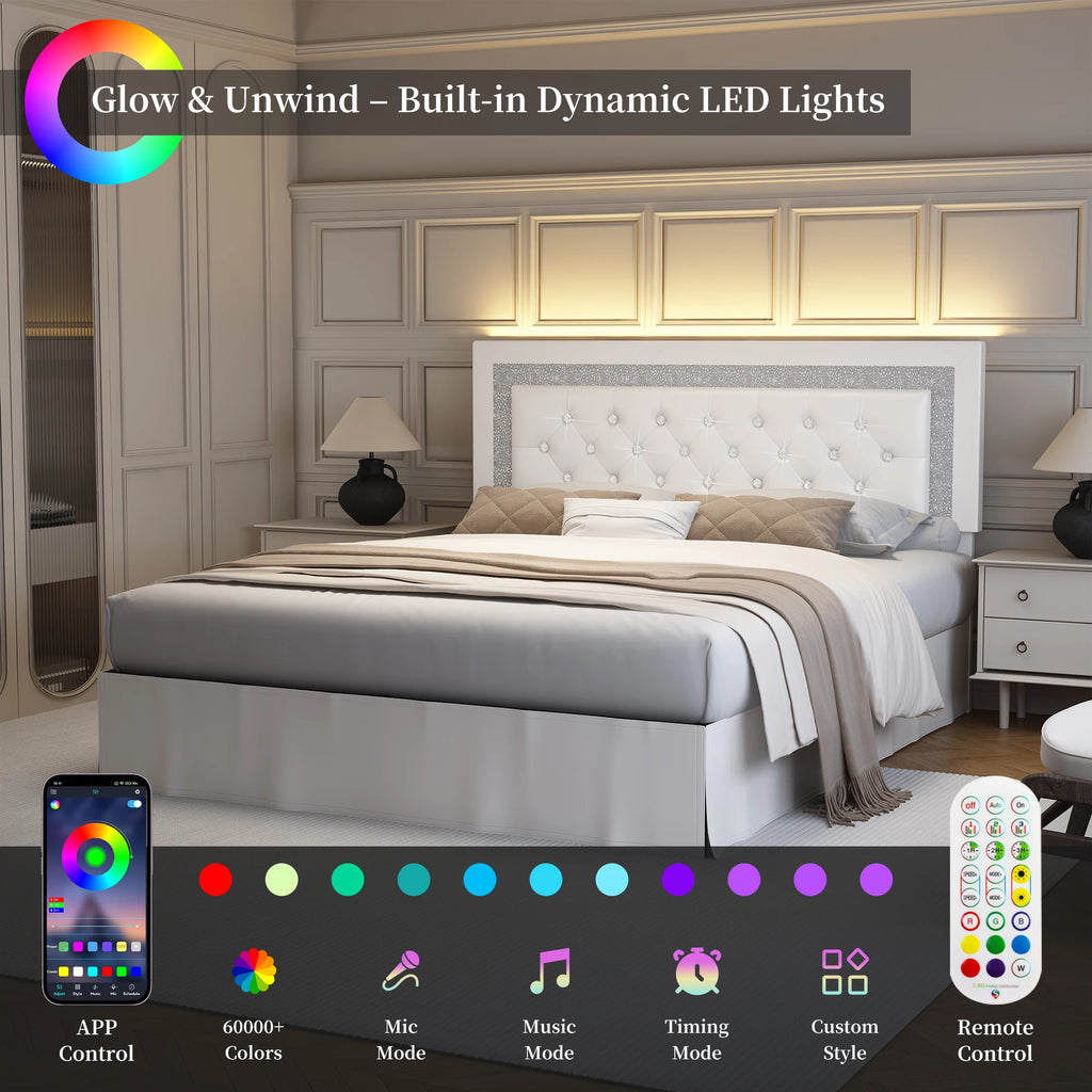 Queen Bed Frame with LED Lights, Adjustable Headboard,