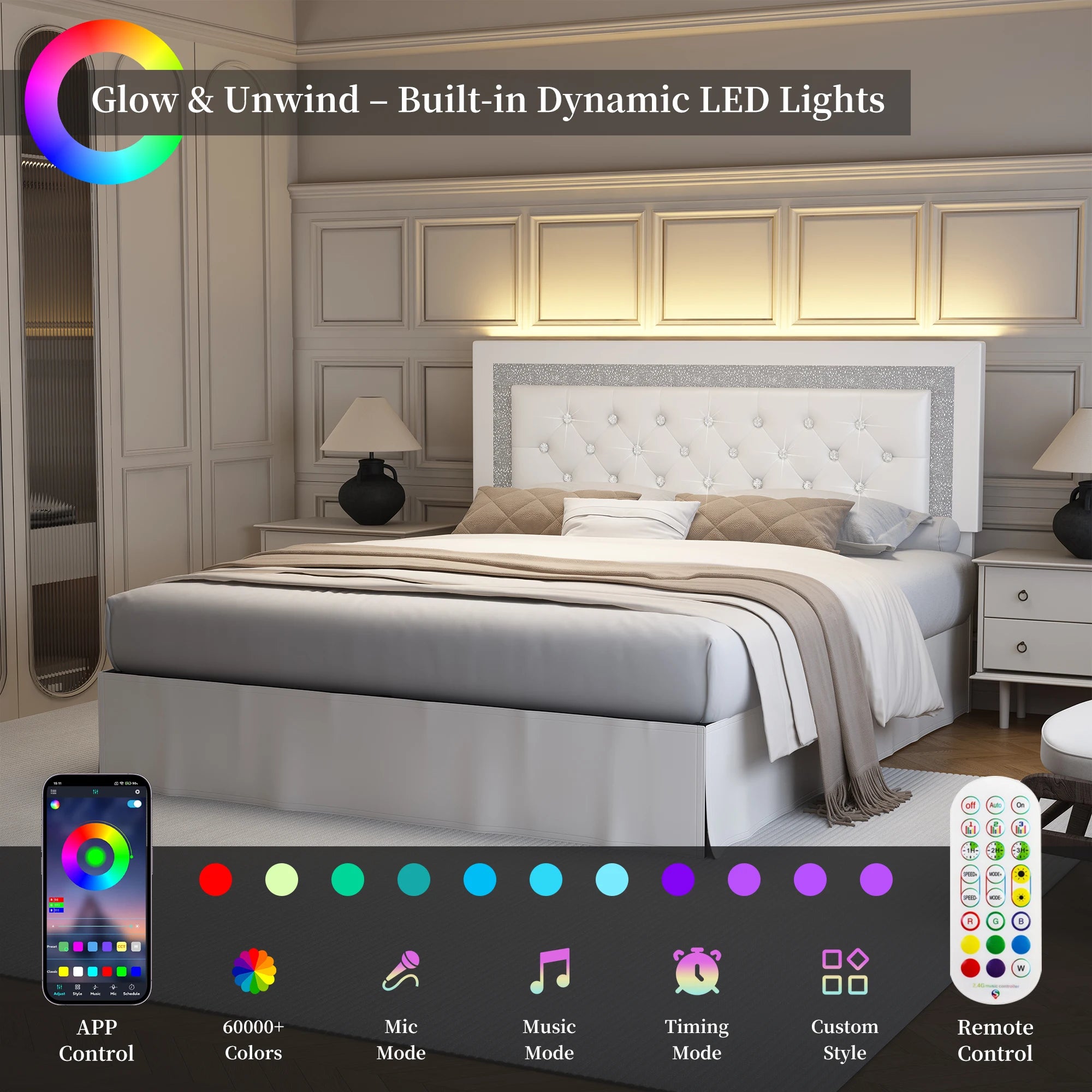 Queen Bed Frame with LED Lights, Adjustable Headboard,