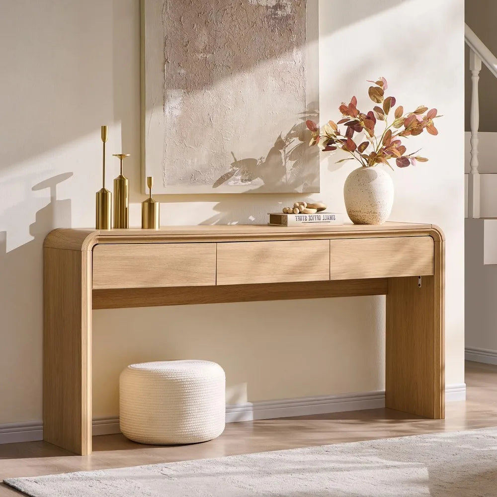 63'' Console Table with 3 Drawers, Modern Entryway Table with Curved Profile Design