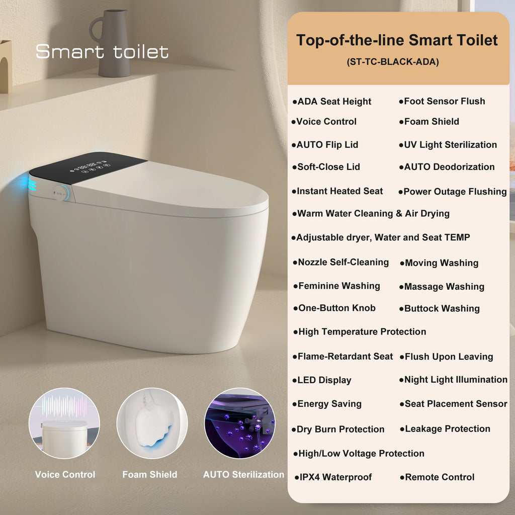Smart Toilet with Built-in Bidet, AUTO Open/Close, Warm Water Sprayer, AUTO Dual Flush,
