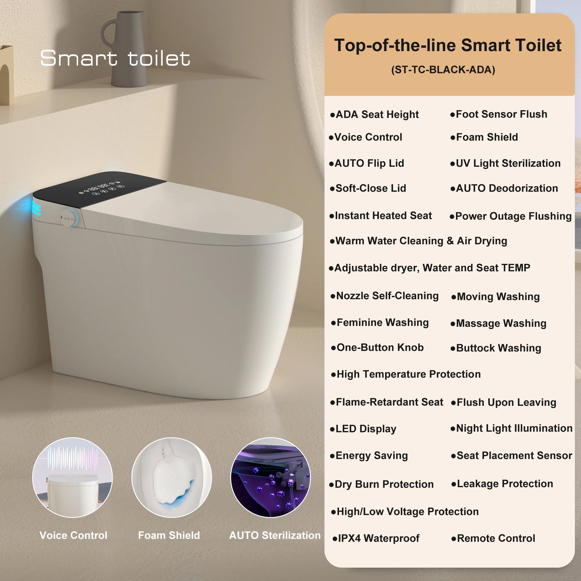 Smart Toilet with Built-in Bidet, AUTO Open/Close, Warm Water Sprayer, AUTO Dual Flush,