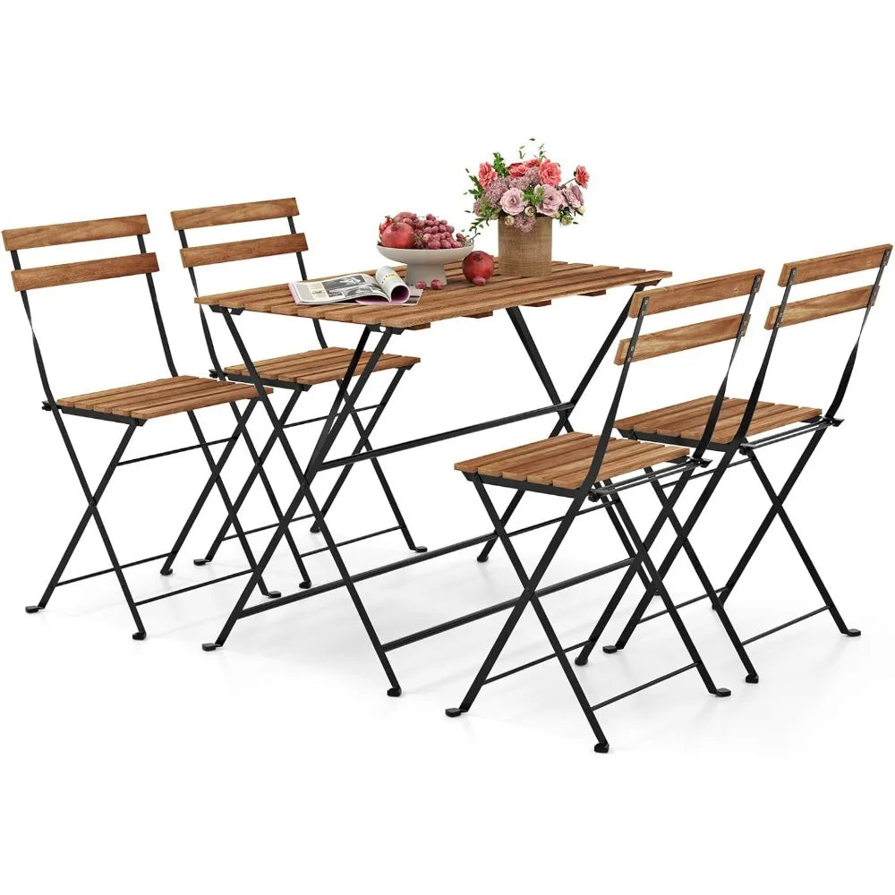 Outdoor Dining Table Set for 4, Acacia Wood Bistro Table with 4 Folding Patio Chairs, Slatted Seat & Tabletop, Metal Frame, for
