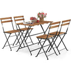 Outdoor Dining Table Set for 4, Acacia Wood Bistro Table with 4 Folding Patio Chairs, Slatted Seat & Tabletop, Metal Frame, for