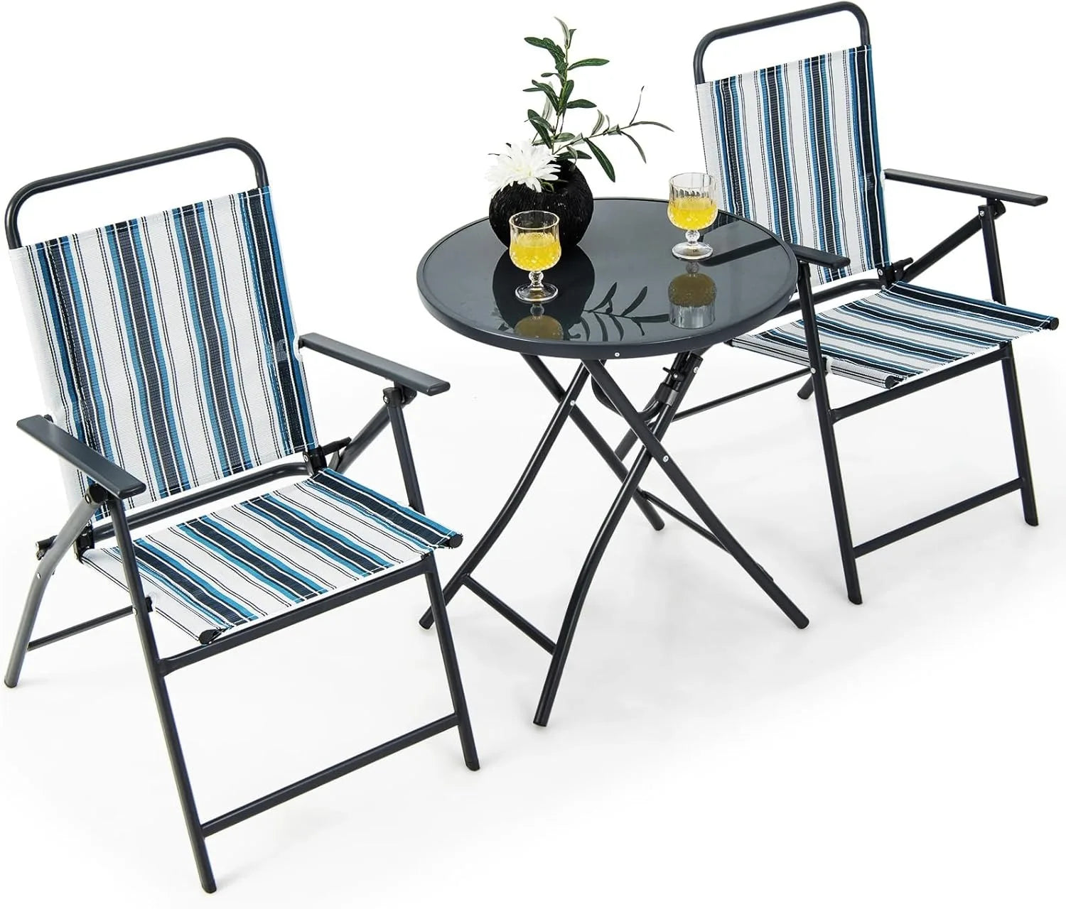 3 Piece Folding Table and Chairs for Outside, Outdoor Dining Chair Set with Heavy-Duty Metal Frame, Portable Patio Bistro Set fo