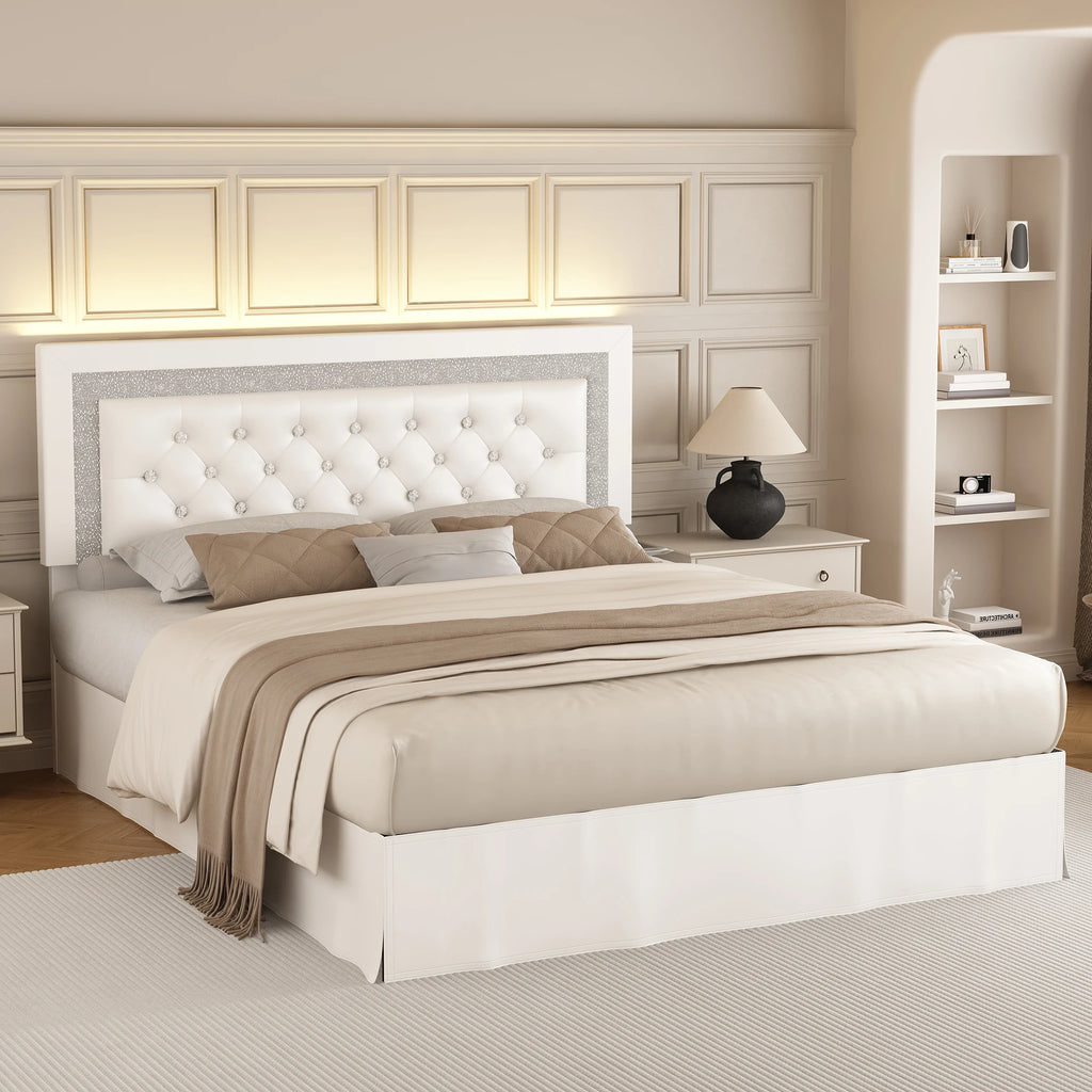 Queen Bed Frame with LED Lights, Adjustable Headboard,