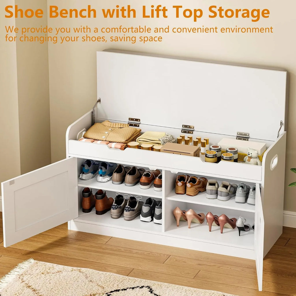 2-Tier Storage Bench with Adjustable Shelf, Entryway Bench with Padded Seat Cushion,