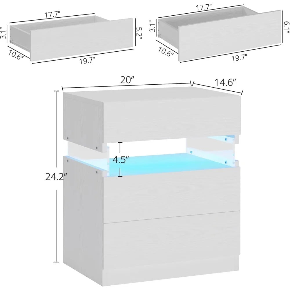 Bedside Table with 3 Drawers, Modern Night Stands with LED Light