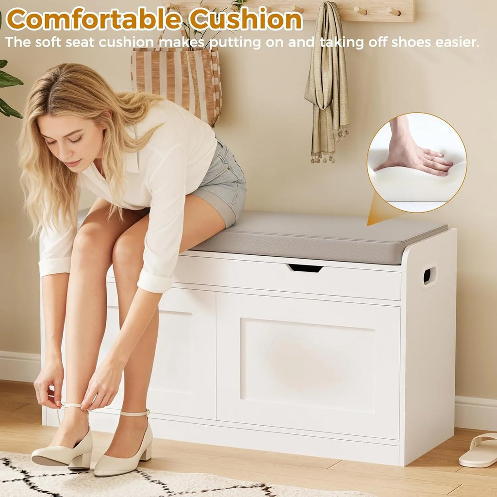 2-Tier Storage Bench with Adjustable Shelf, Entryway Bench with Padded Seat Cushion,