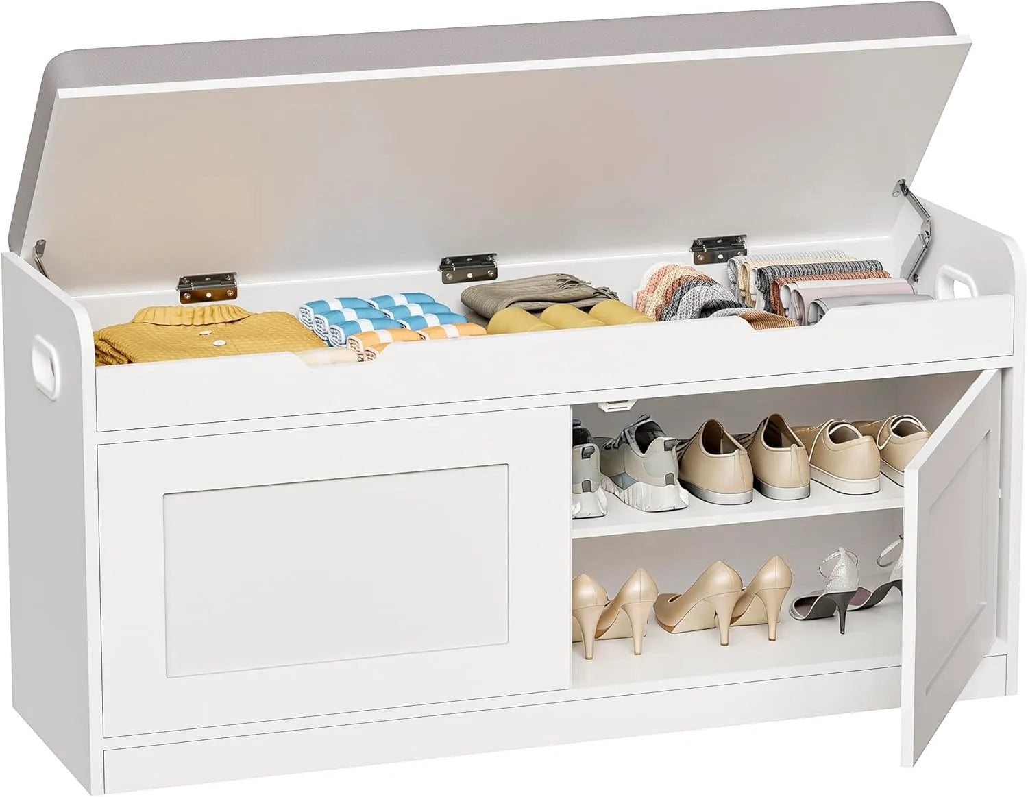 2-Tier Storage Bench with Adjustable Shelf, Entryway Bench with Padded Seat Cushion,