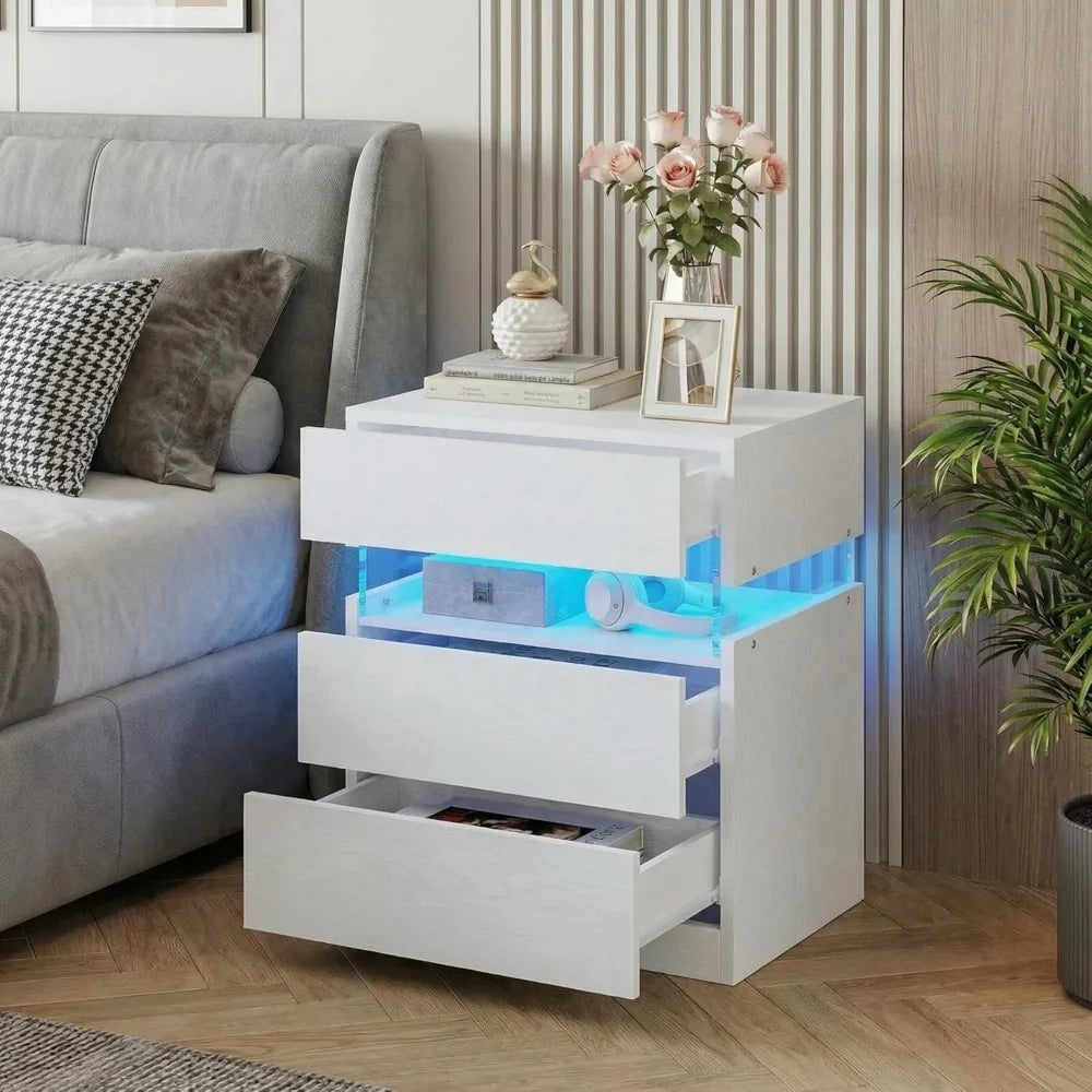 Bedside Table with 3 Drawers, Modern Night Stands with LED Light