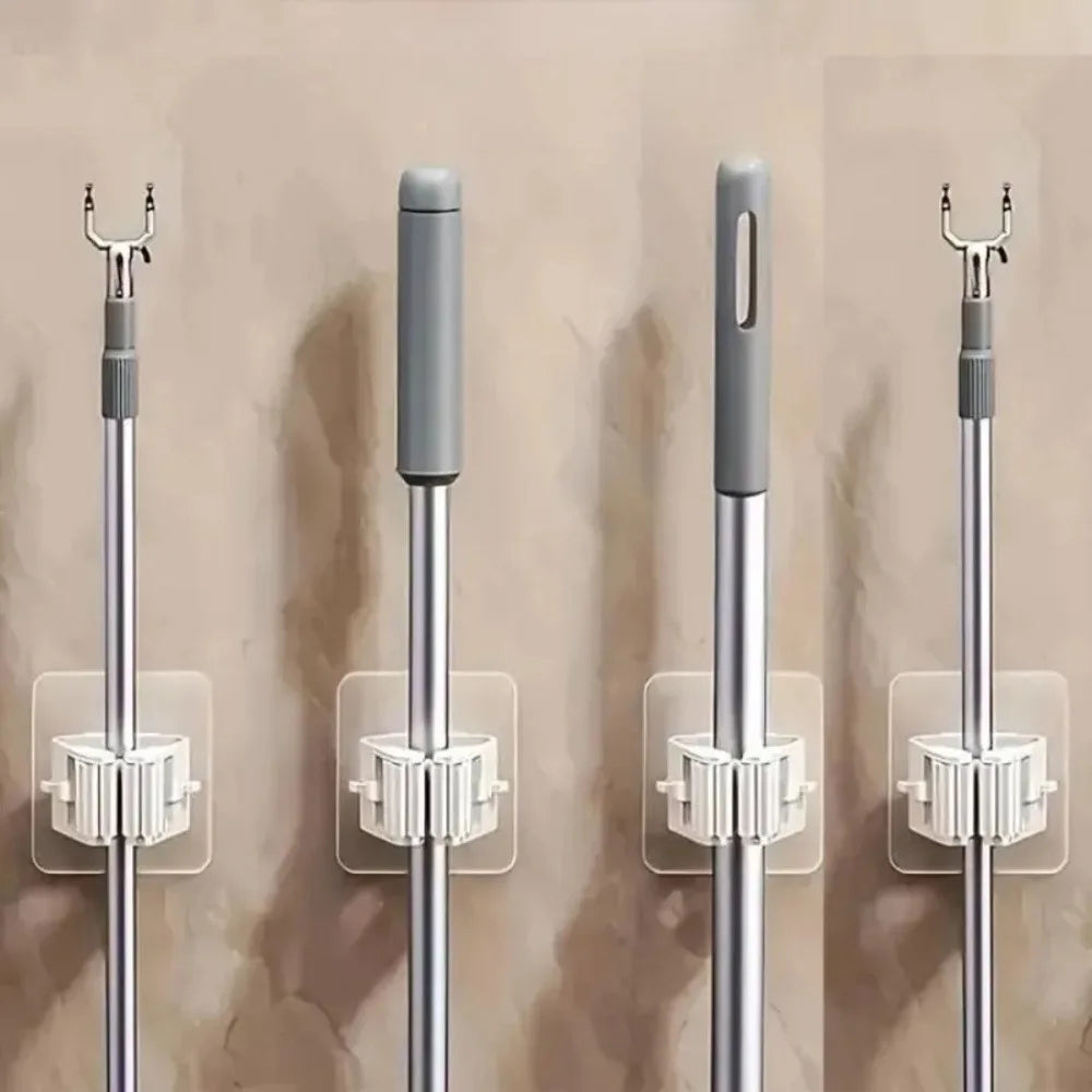 4 Piece White Non Perforated Mop Holder, Self-Adhesive Installation