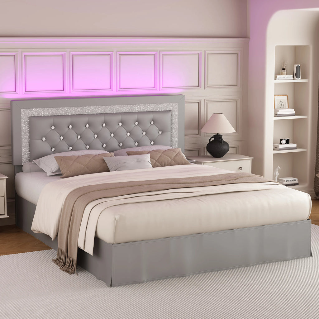Queen Bed Frame with LED Lights, Adjustable Headboard,