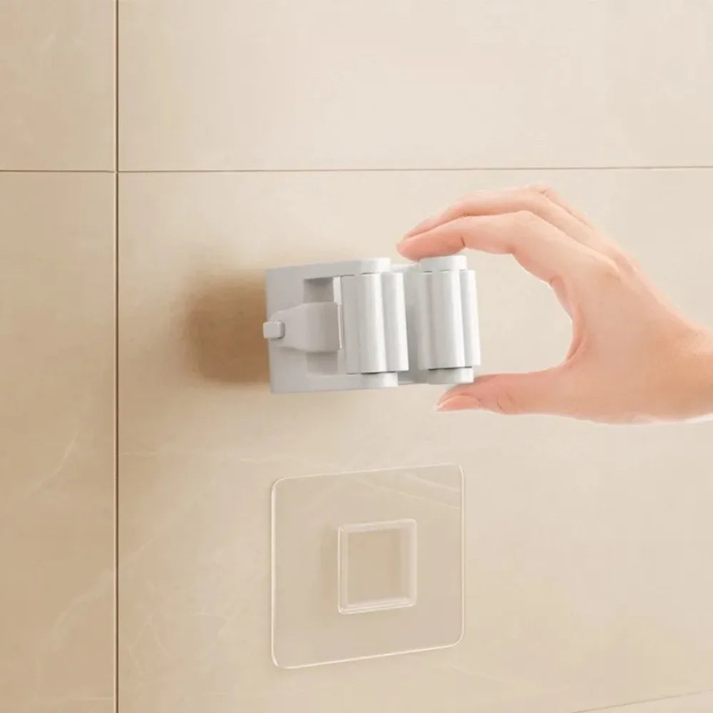4 Piece White Non Perforated Mop Holder, Self-Adhesive Installation