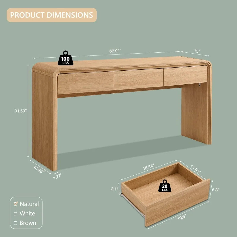 63'' Console Table with 3 Drawers, Modern Entryway Table with Curved Profile Design