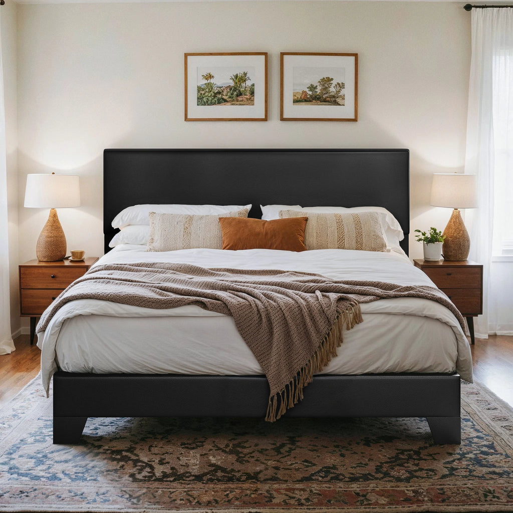 Upholstered Bed Frame with Adjustable Headboard, Soft Linen Fabric,