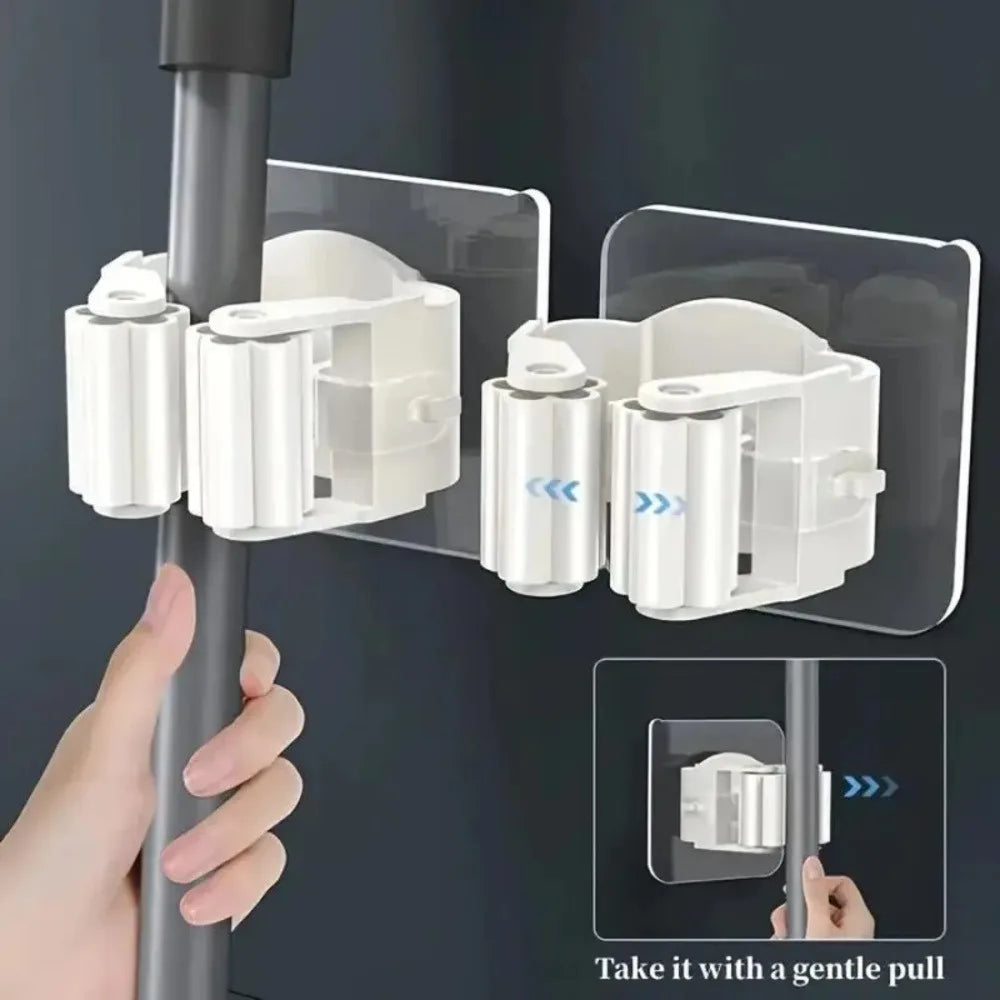 4 Piece White Non Perforated Mop Holder, Self-Adhesive Installation