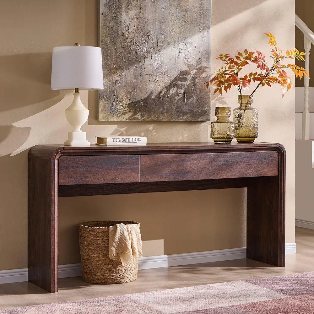 63'' Console Table with 3 Drawers, Modern Entryway Table with Curved Profile Design