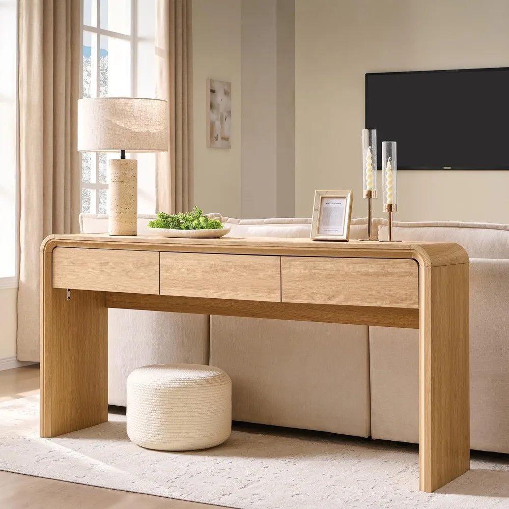 63'' Console Table with 3 Drawers, Modern Entryway Table with Curved Profile Design