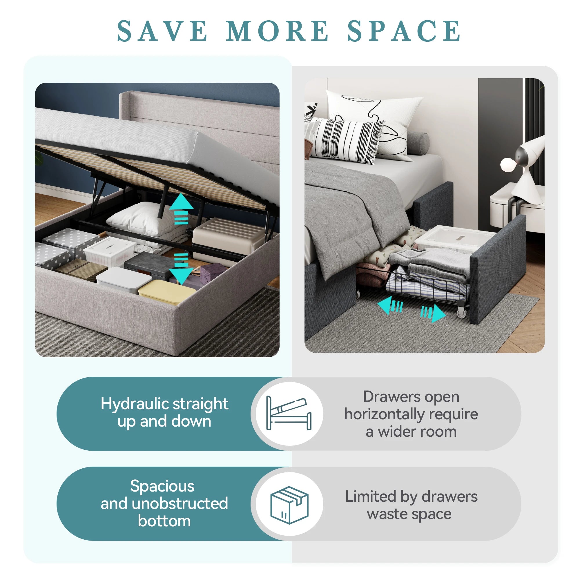 Lift Up Storage Bed with Wingback Headboard/Heavy-Duty Hydraulic Bed/Large Underneath Storage