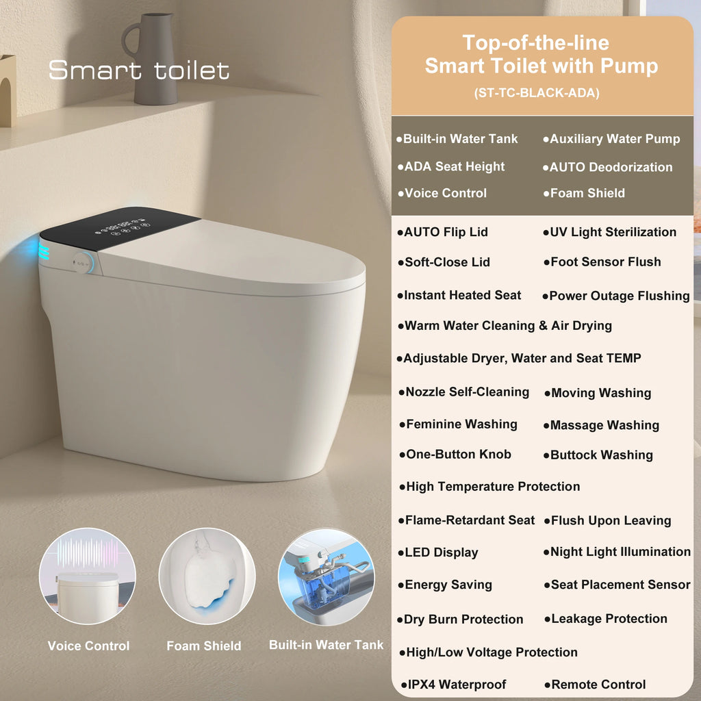 Smart Toilet with Built-in Bidet, AUTO Open/Close, Warm Water Sprayer, AUTO Dual Flush,