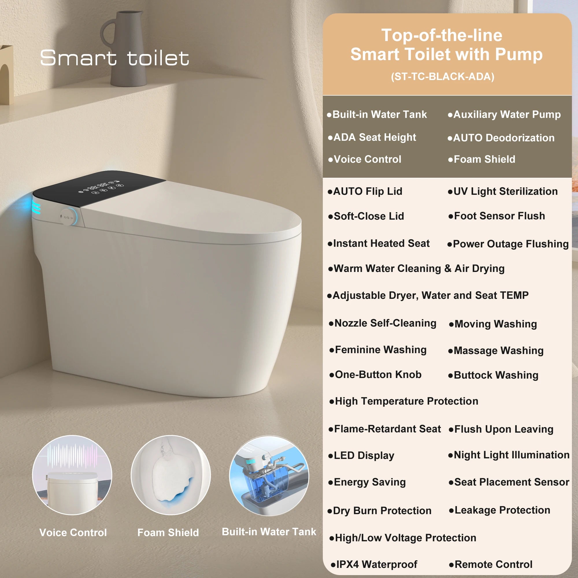 Smart Toilet with Built-in Bidet, AUTO Open/Close, Warm Water Sprayer, AUTO Dual Flush,