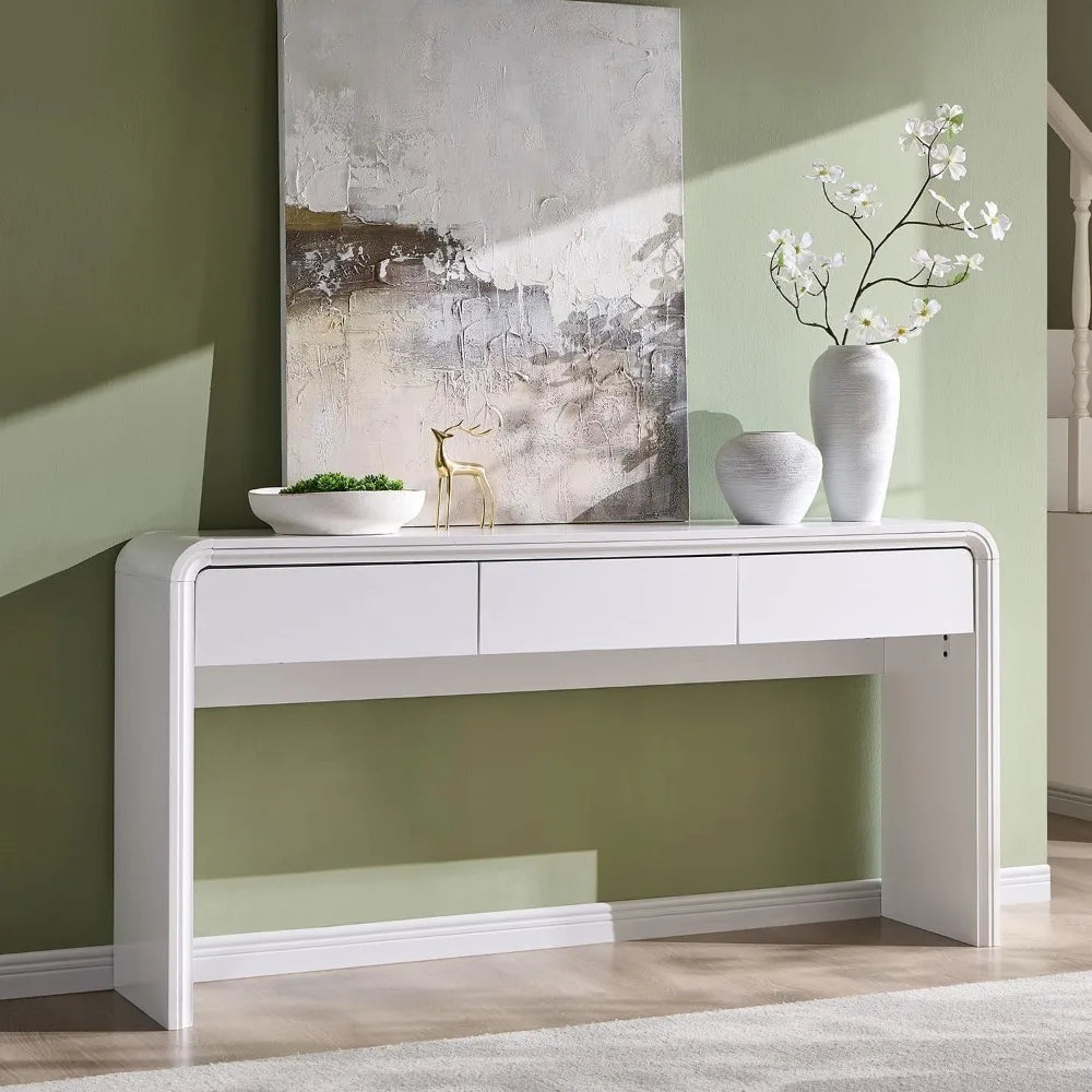 63'' Console Table with 3 Drawers, Modern Entryway Table with Curved Profile Design